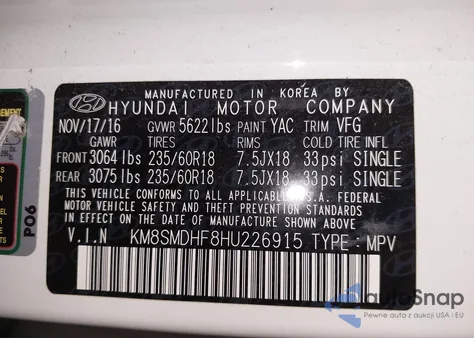 2017 Hyundai Santa Fe Se z USA, uszkodzony, nr VIN KM8SMDHF8HU226915